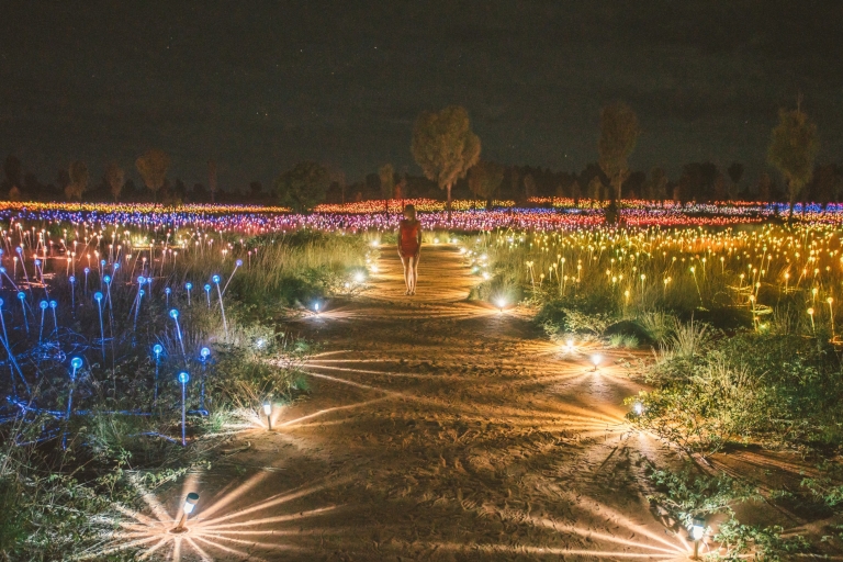 Besucherin geht durch die Kunstinstallation „Field of Light“ © Tourism NT/Mitchell Cox