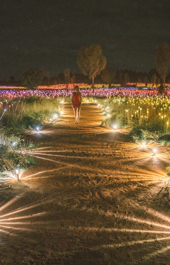 Besucherin geht durch die Kunstinstallation „Field of Light“ © Tourism NT/Mitchell Cox