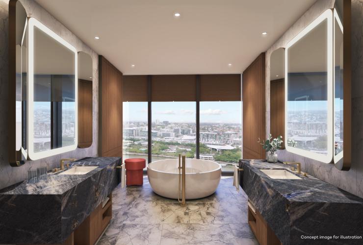 A marble bathroom with a freestanding bath beside a floor to ceiling window overlooking a city at the Star Grand, Skyline Penthouse Suite, Brisbane, Queensland © The Star Brisbane A marble bathroom with a freestanding bath beside a floor to ceiling window overlooking a city at the Star Grand, Skyline Penthouse Suite, Brisbane, Queensland © The Star Brisbane