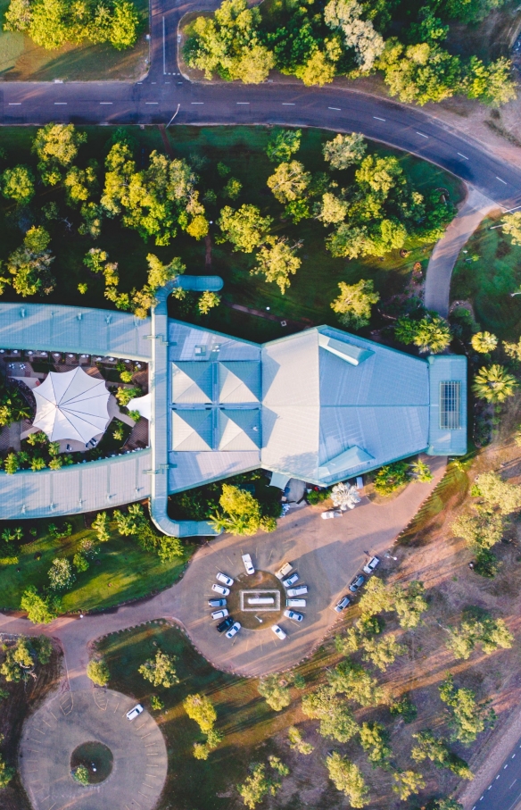 Aerial view over the crocodile-shaped Mercure Kakadu Crocodile Hotel, Kakadu National Park, Northern Territory © Tourism NT/Salty Wings