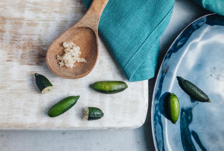 Hand holding finger lime pearls at Tropical Fruit World in Duranbah © Ryan Fowler/Destination Tweed