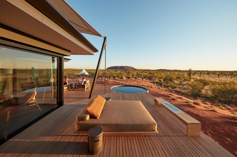 The Dune Pavilion Deck with views of Uluru at Longitude 131 in the Northern Territory © Baillies Longitude 131 The Dune Pavilion Deck with views of Uluru at Longitude 131 in the Northern Territory © Baillies Longitude 131