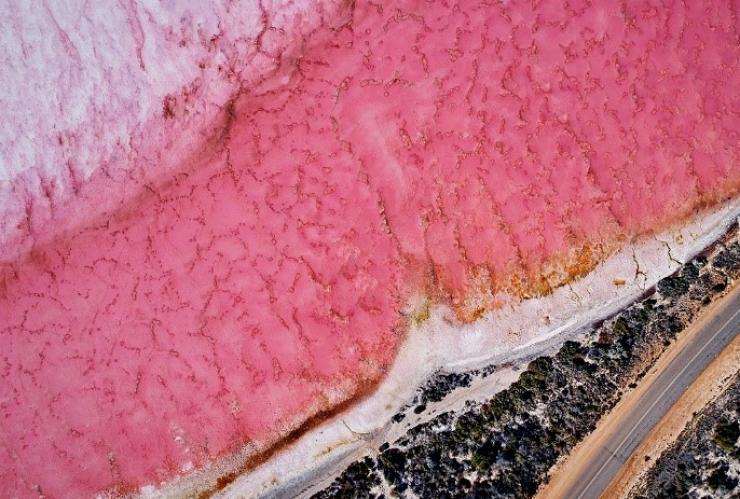 Aerial view over Pink Lake, Hutt Lagoon in Kalbarri © Tourism Western Australia