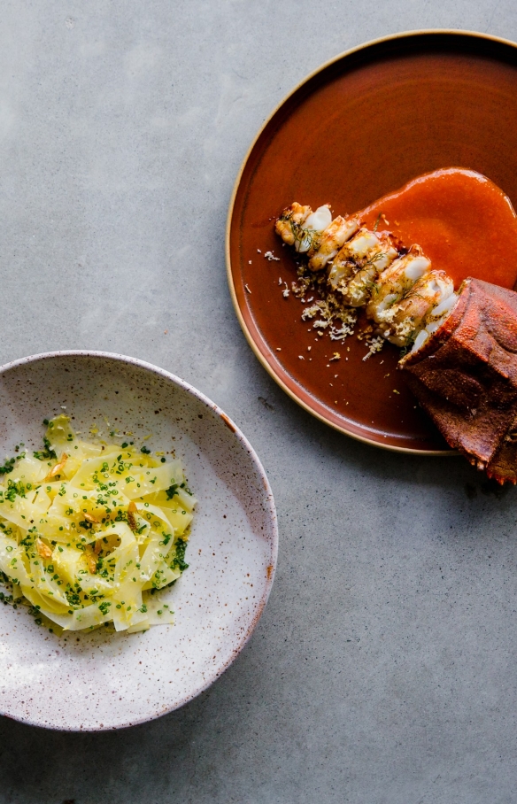 Glazed bay lobster with potato noodles at Pipit Restaurant in Pottsville © Sabine Bannard