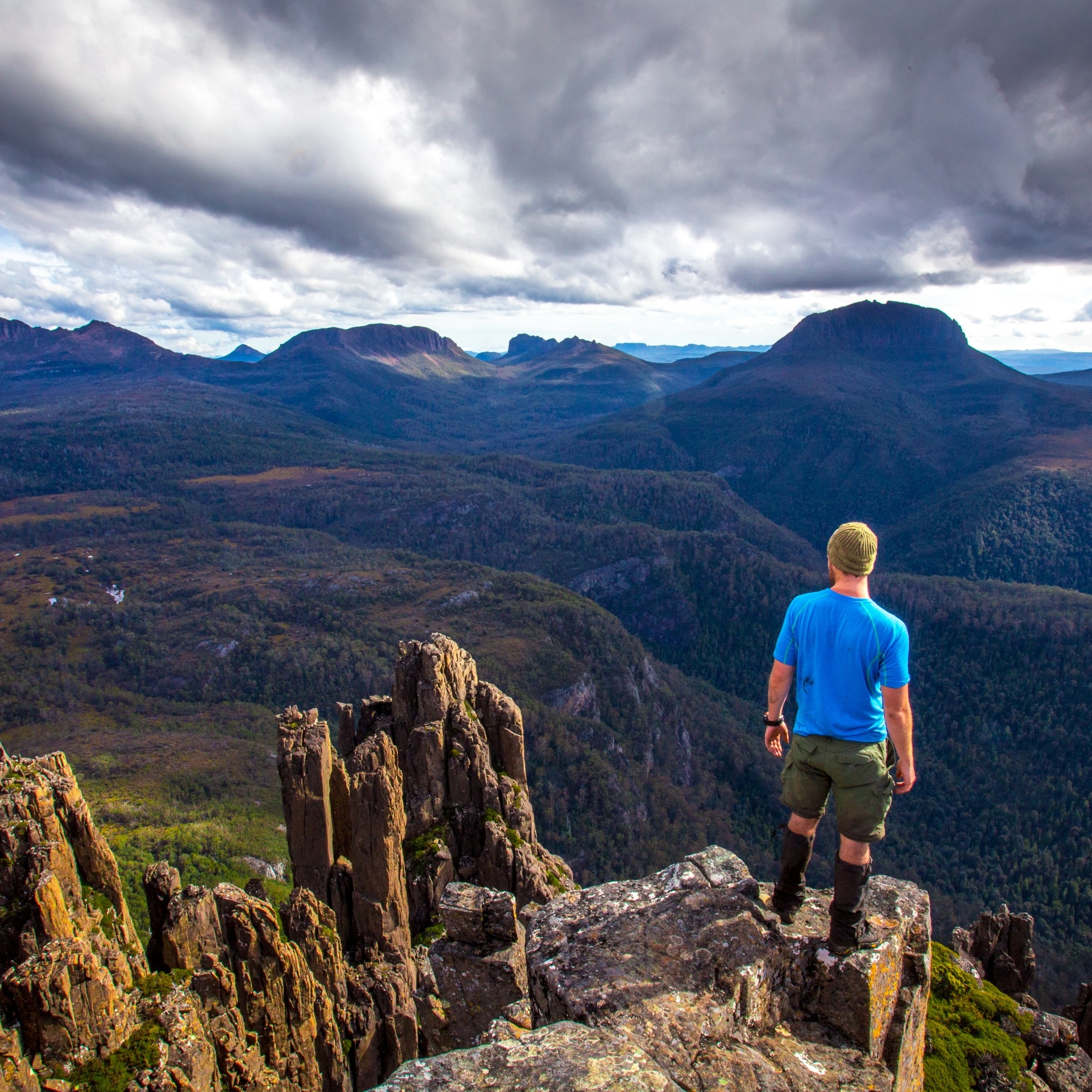  Man on the Cradle Mountain Huts Overland Track Walk in Cradle Mountain-Lake St Clair National Park © Tasmanian Walking Company / Great Walks of Australia