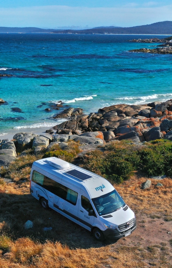 Maui Motorhome parked on the coastline in Tasmania © Tourism Australia