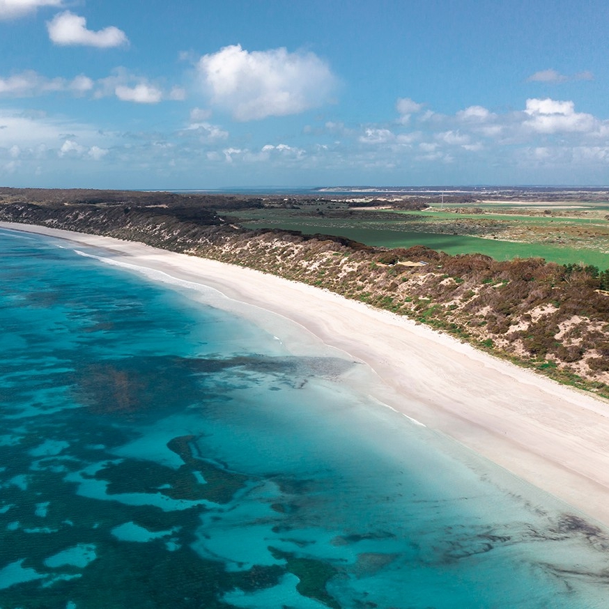 Aerial view of the coastline at Emu Bay on Kangaroo Island © Tourism Australia