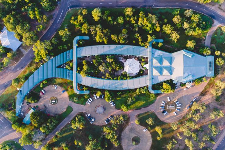 Aerial view over the crocodile-shaped Mercure Kakadu Crocodile Hotel, Kakadu National Park, Northern Territory © Tourism NT/Salty Wings