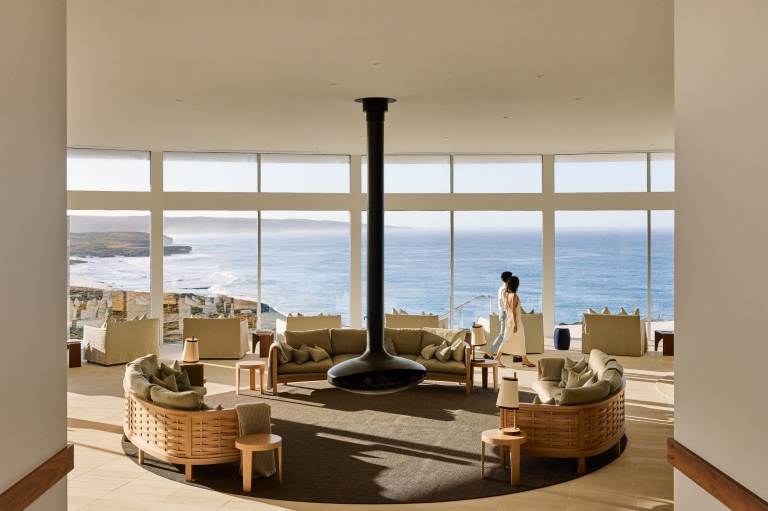 Couple walking through the beautifully appointed lounge area of Southern Ocean Lodge, Kangaroo Island, South Australia © South Australian Tourism Commission