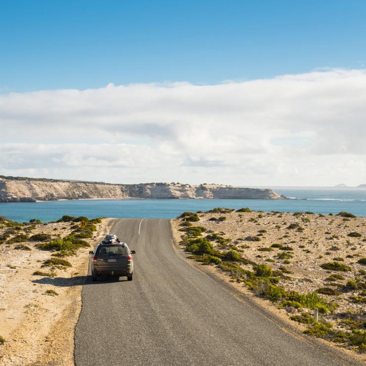 Une voiture qui roule sur une route côtière dans le Coffin Bay National Park © Rob Blackburn/Tourism Australia