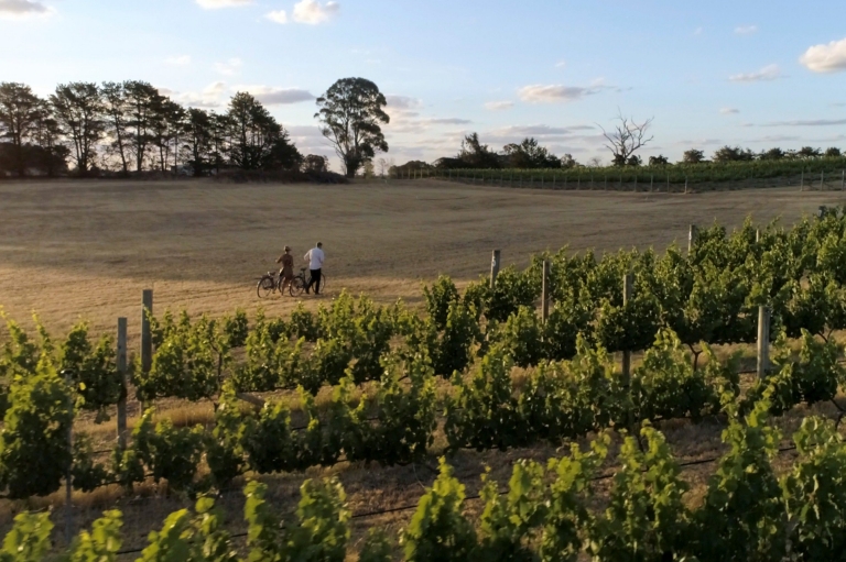  Un couple de personnes se promène avec leurs vélos le long du vignoble de Clonakilla, à Murrumbateman, Nouvelle-Galles du Sud © Destination NSW