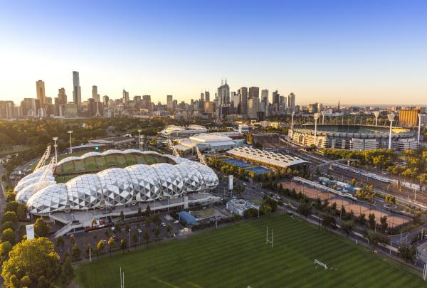 Vue aérienne du Melbourne Sport Precinct à Melbourne, Victoria © Tim Shaw