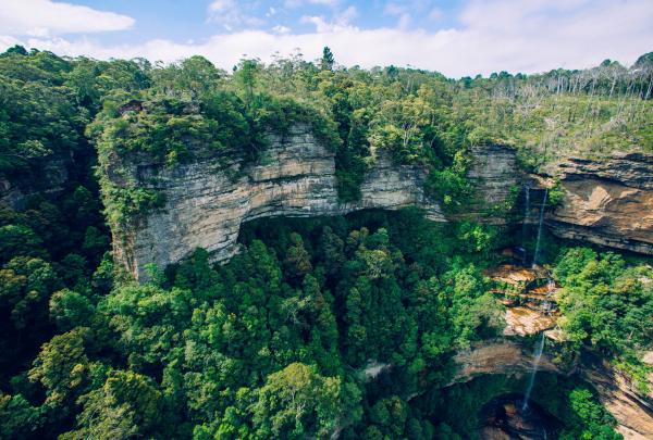 Vue de falaises rocheuses et d'une chute d'eau dans le Blue Mountains National Park, en Nouvelle-Galles du Sud © Tourism Australia