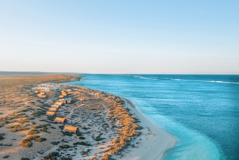 Vue aérienne des hébergements de luxe de Sal Salis nichés sur les dunes de sable longeant la côte et les eaux bleu vif du Ningaloo Reef, Australie Occidentale © Sal Salis Ningaloo Reef Vue aérienne des hébergements de luxe de Sal Salis nichés sur les dunes de sable longeant la côte et les eaux bleu vif du Ningaloo Reef, Australie Occidentale © Sal Salis Ningaloo Reef