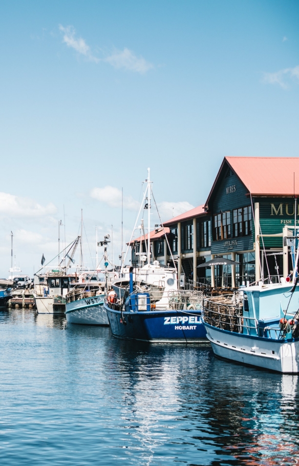 Blue boats sitting on the calm water of Hobart Harbour in Hobart, Tasmania © Adam Gibson