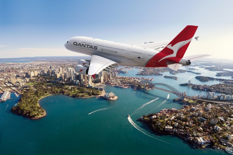 Qantas plane over Sydney Harbour, Sydney, New South Wales © Qantas Airways