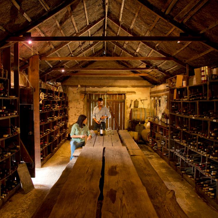 Hai người thưởng thức rượu vang trong hầm rượu tại Brand's Laira, Coonawarra, Adelaide, Nam Úc © Adam Bruzzone Hai người thưởng thức rượu vang trong hầm rượu tại Brand's Laira, Coonawarra, Adelaide, Nam Úc © Adam Bruzzone