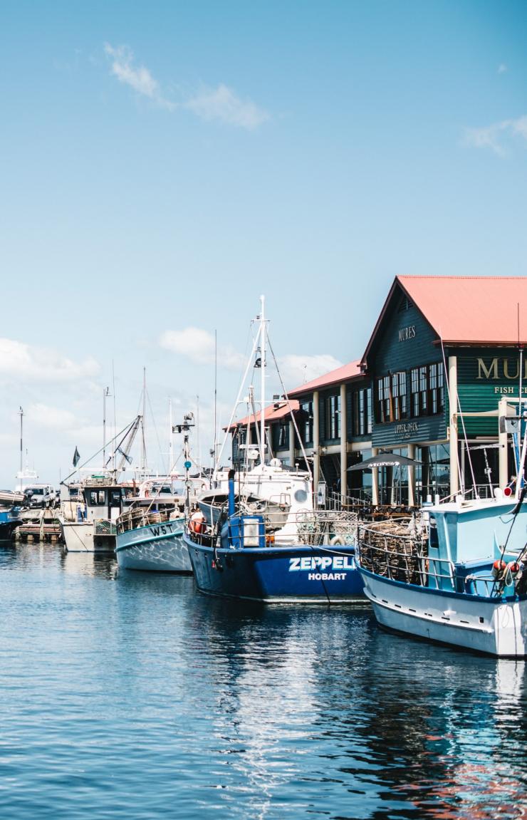 Những chiếc thuyền màu xanh ngồi trên làn nước yên tĩnh của Cảng Hobart ở Hobart, Tasmania © Adam Gibson Những chiếc thuyền màu xanh ngồi trên làn nước yên tĩnh của Cảng Hobart ở Hobart, Tasmania © Adam Gibson