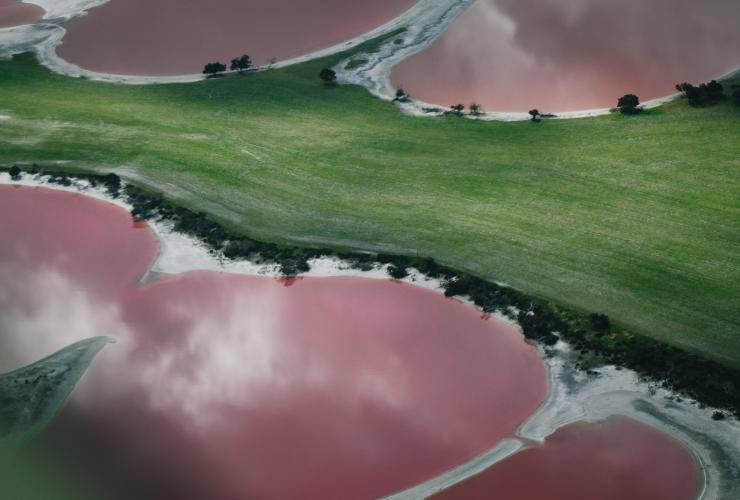 Aerial view over a series of Pink and Rainbow Lakes bordered by white shores and grass in the Golden Outback, Western Australia © Golden Outback