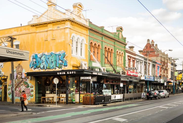 Colourful shop fronts and graffiti art lining Chapel Street, Windsor, Melbourne, Victoria © Visit Victoria