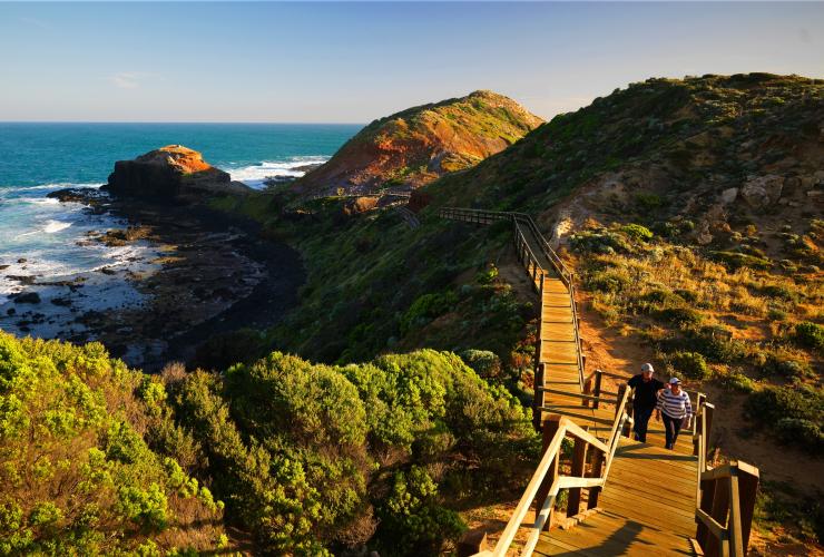A couple walking along a pathway beside a rugged coastline at Cape Schanck Boardwalk, Mornington Peninsula, Victoria © Derek Ross