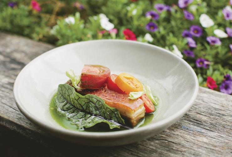 Plate of food from harvest cafe displayed on wooden table next to garden, NSW © Destination NSW