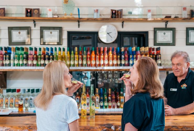 Two women sipping liqueurs at the bar in front of the bartender and a colourful display of spirits during a tour with the Vino Bus at Tamborine Mountain Distillery, Brisbane, Queensland © Tourism and Events Queensland