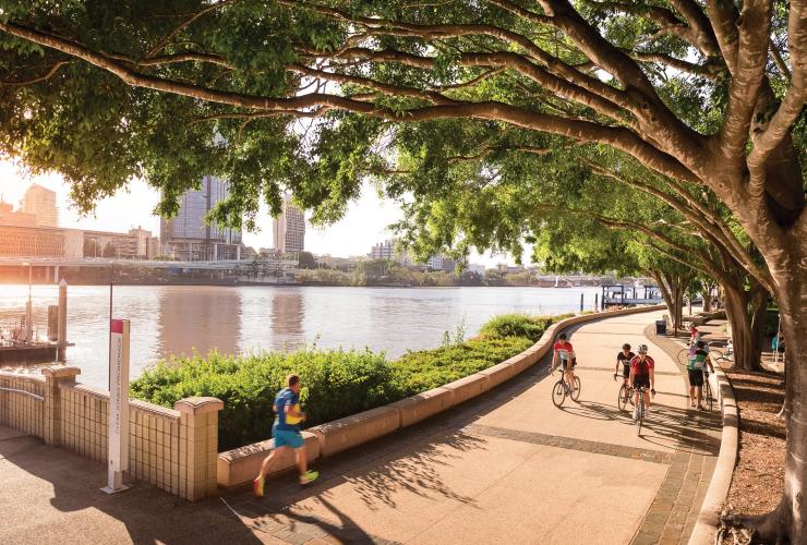 Gruppo di persone in bicicletta lungo un viale alberato accanto a un fiume con alti edifici sullo sfondo lungo la River Walk, South Bank, Brisbane, Queensland © Fullframe Photographics