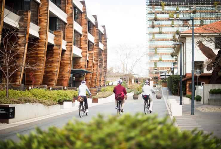 Gruppo di persone in bicicletta lungo una tranquilla strada costeggiata da edifici a NewActon, Canberra, Australian Capital Territory © VisitCanberra