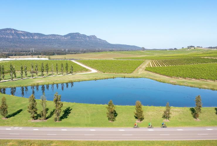 Tre persone in bicicletta su una strada che costeggia un piccolo lago circondato da un vigneto verde lussureggiante nella Hunter Valley, New South Wales © Cessnock City Council